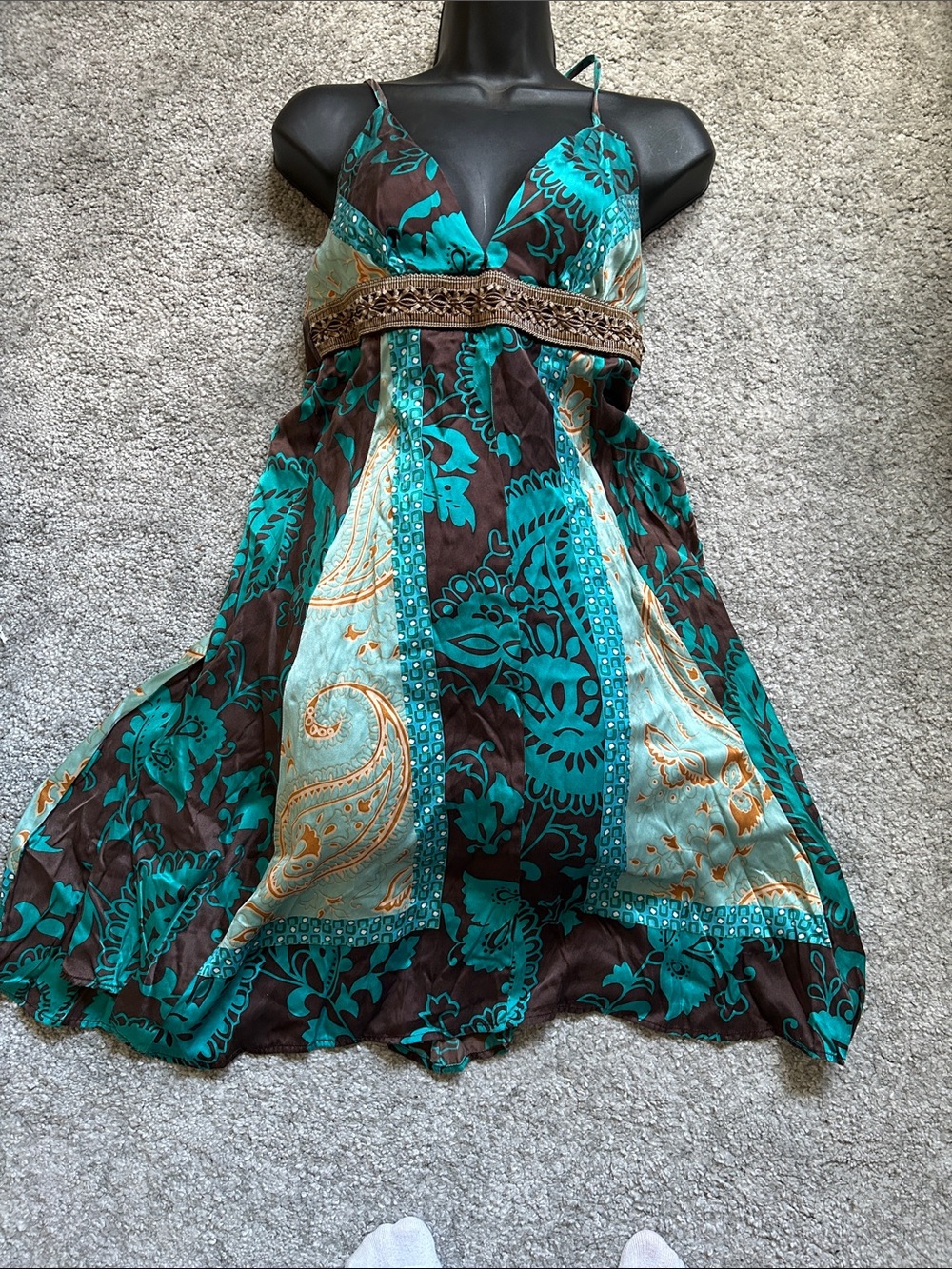 Turquoise Brown Paisley Sundress vintage Italy 100 % silk with Embellished Waist
